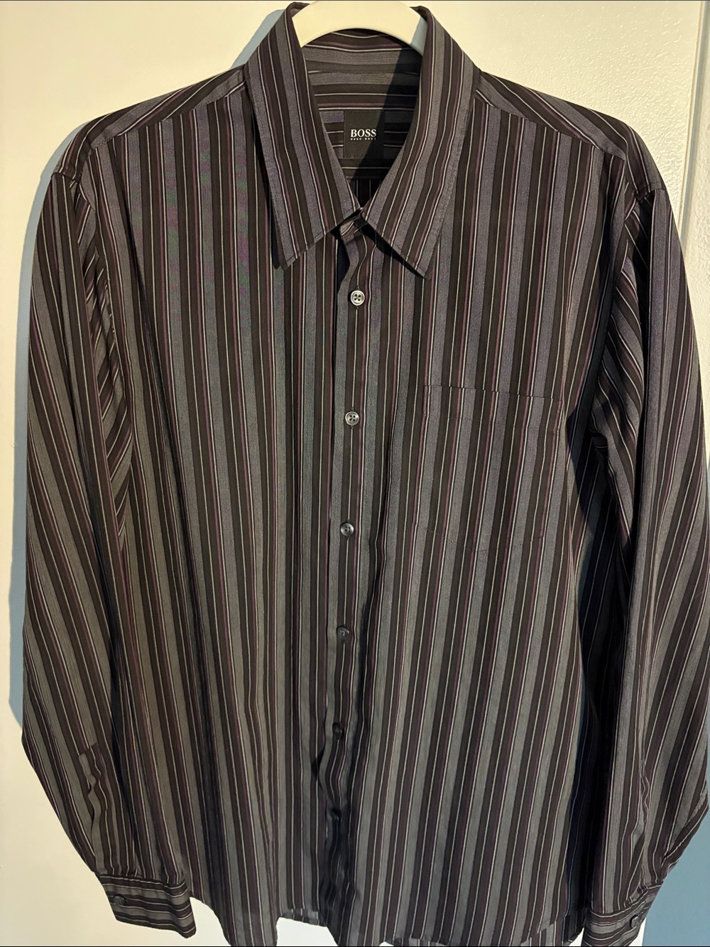 BOSS Men's Black, Gray, and Purple Striped Dress Shirt